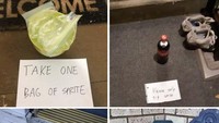 Ingin berbagi makanan, sederet tetangga ini tampak tak mau direpotkan. Ada brokoli yang sudah dipotong-potong hingga satu botol soda yang diperbolehkan untuk satu orang satu teguk saja. Foto: Bored Panda
