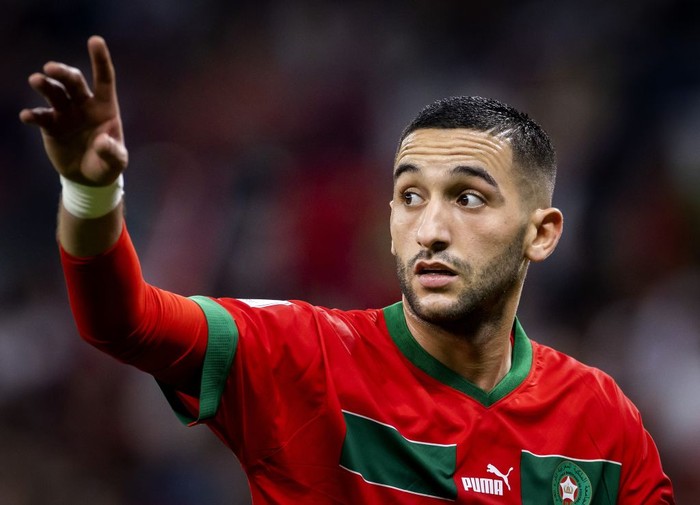 DOHA - Hakim Ziyech of Morocco during the FIFA World Cup Qatar 2022 quarterfinal match between Morocco and Portugal at Al Thumama Stadium on December 10, 2022 in Doha, Qatar. ANP KOEN VAN WEEL (Photo by ANP via Getty Images)