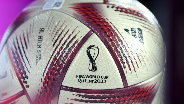 DOHA, QATAR - DECEMBER 12: The adidas Al Hilm Official Finals Match Ball is seen ahead of the Argentina Press Conference at  on December 12, 2022 in Doha, Qatar. (Photo by Mark Metcalfe - FIFA/FIFA via Getty Images)