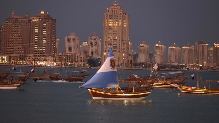 DOHA, QATAR - DECEMBER 12: Ships are seen with Croatia and Morocco flags at Katara beach as FIFA World Cup Qatar 2022 continues in Doha, Qatar on December 12, 2022. (Photo by Ashraf Amra/Anadolu Agency via Getty Images)
