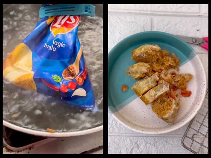 Kreasi Masak Omelet Lays Langsung di Kantong Snack Bikin Netizen Heran