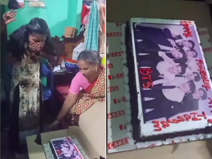 Gadis dapat kejutan kue ulang tahun tema BTS