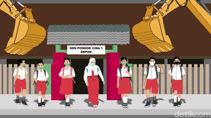 Ilustrasi para siswa menolak sekolahnya digusur