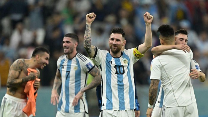 Argentinas forward #10 Lionel Messi celebrates after defeating Croatia 3-0 in the Qatar 2022 World Cup football semi-final match between Argentina and Croatia at Lusail Stadium in Lusail, north of Doha on December 13, 2022. (Photo by JUAN MABROMATA / AFP) (Photo by JUAN MABROMATA/AFP via Getty Images)