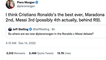 Presenter kenamaan Piers Morgan tetap menyanjung Ronaldo. Kupikir Ronaldo adalah yang terbaik sepanjang masa. Maradona nomor 2, Messi nomor 3, mungkin malah 4 di belakang R9, tulisnya. Foto: Twitter
