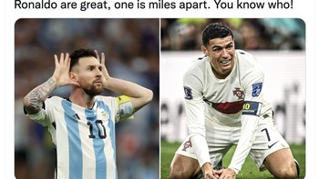 Hentikan debat bodoh itu. Memalukan sebagai manusia. Messi dan Ronaldo itu hebat, tapi ada yang jauh lebih baik dari satunya. Siapa? akun ini malah main tebak-tebakan. Foto: Twitter
