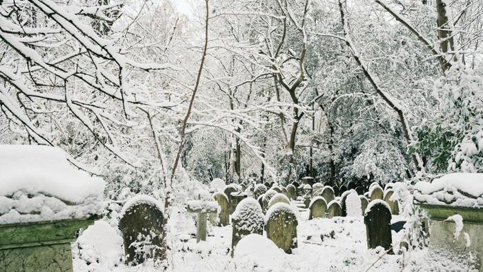 Hujan salju menyelimuti sebagian wilayah di Inggris. Salah satunya pemakaman Highgate yang berada di kota London.