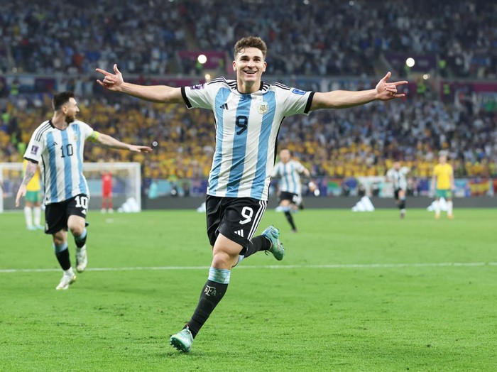 DOHA, QATAR - DECEMBER 03: Julian Alvarez of Argentina celebrates after scoring the teams second goal during the FIFA World Cup Qatar 2022 Round of 16 match between Argentina and Australia at Ahmad Bin Ali Stadium on December 03, 2022 in Doha, Qatar. (Photo by Alex Grimm/Getty Images)