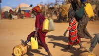 Seorang wanita dan anak-anak Somalia membawa air di sebuah kamp untuk para pengungsi di pinggiran Dollow, Somalia. Jika krisis ini tidak segera diatasi, jumlahnya bisa naik menjadi lebih dari 700.000 tahun depan, menurut analisis oleh aliansi badan-badan PBB dan kelompok bantuan.