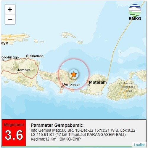 gempa terjadi pada Kamis (15/112/2022) pukul 16.13 Wita dengan magnitudo 3,6. Gempa berpusat pada koordinat 8.22 LS,115.61 BT dan 17 Km timur laut Karangasem.
