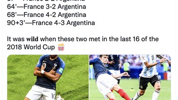Terakhir kali Prancis dan Argentina bertemu di 16 besar Piala Dunia 2018 di mana Prancis menang usai pertarungan sengit. Foto: Twitter