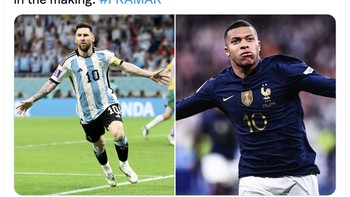 Argentina lawan Prancis adalah dua nama besar di sepakbola internasional. Dua pemain terbaik dunia berhadapan satu sama lain, tulis akun ini. Foto: Twitter