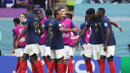 AL KHOR, QATAR - DECEMBER 14: Randal Kolo Muani of France celebrates with teammates after scoring his sides second goal during the FIFA World Cup Qatar 2022 semi final match between France and Morocco at Al Bayt Stadium on December 14, 2022 in Al Khor, Qatar. (Photo by Alex Livesey - Danehouse/Getty Images)