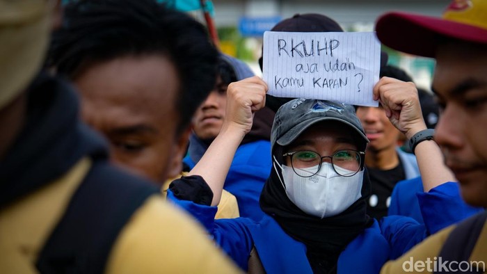 Massa mahasiswa menggelar aksi di depan gedung DPR, Jakarta. Mereka menuntut pencabutan KUHP yang baru disahkan.