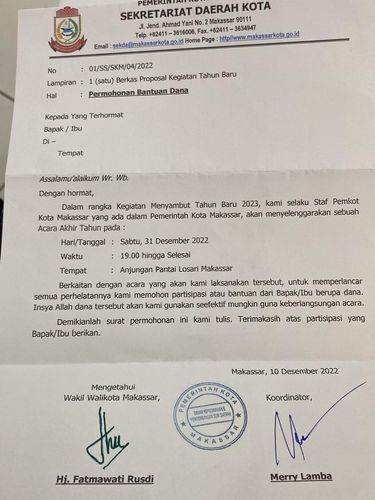 Surat permohonan bantuan menyambut tahun baru 2023 yang mencatut nama Wakil Wali Kota Makassar, Fatmawati Rusdi.