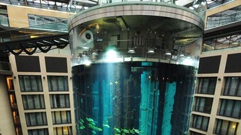 Pembangunannya menelan biaya 12,8 juta euro. Akuarium ini dibangun dari 41 panel akrilik yang terdiri dari 26 panel untuk silinder luar dan 15 panel untuk silinder dalam lift yang diikat menjadi satu. Foto: Radissonblu.com/Bored Panda