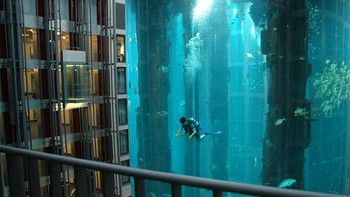 Akuarium terbesar di dunia, yang ada di Berlin, Jerman, meledak dan hancur pada Jumat (16/12) waktu setempat. Insiden ini mengakibatkan sekitar 1.500 ikan atau makhluk air yang ada didalamnya mati. Foto: Radissonblu.com/Bored Panda