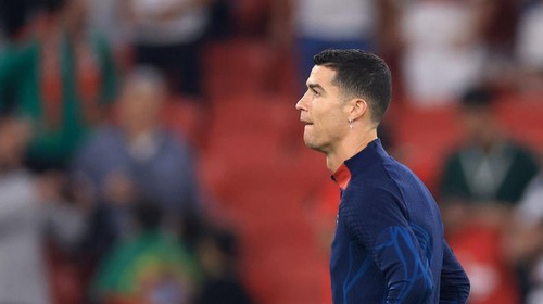 DOHA, QATAR - DECEMBER 10: Cristiano Ronaldo of Portugal warms up prior to the FIFA World Cup Qatar 2022 quarter final match between Morocco and Portugal at Al Thumama Stadium on December 10, 2022 in Doha, Qatar. (Photo by Buda Mendes/Getty Images)