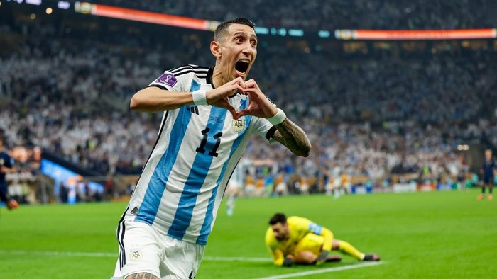 LUSAIL CITY, QATAR - DECEMBER 18: Angel Di Maria of Argentina celebrates after scoring his teams second goal during the FIFA World Cup Qatar 2022 Final match between Argentina and France at Lusail Stadium on December 18, 2022 in Lusail City, Qatar. (Photo by Manuel Reino Berengui/Defodi Images via Getty Images)