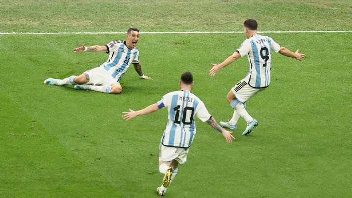 LUSAIL CITY, QATAR - DECEMBER 18: Angel Di Maria of Argentina celebrates after scoring a goal to make it 2-0 during the FIFA World Cup Qatar 2022 Final match between Argentina and France at Lusail Stadium on December 18, 2022 in Lusail City, Qatar. (Photo by James Williamson - AMA/Getty Images)