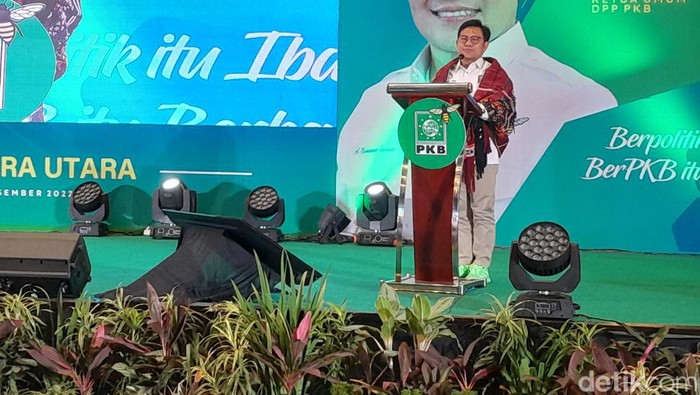 Ketum PKB Muhaimin Iskandar saat memberikan sambutan di Muspimwil PKB Sumut (Nizar Aldi/detikSumut) Ketum PKB Muhaimin Iskandar saat memberikan sambutan di Muspimwil PKB Sumut (Nizar Aldi/detikSumut)