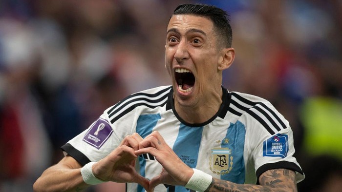 LUSAIL CITY, QATAR - DECEMBER 18: Angel Di Maria of Argentina celebrates scoring a goal during the FIFA World Cup Qatar 2022 Final match between Argentina and France at Lusail Stadium on December 18, 2022 in Lusail City, Qatar. (Photo by Visionhaus/Getty Images)