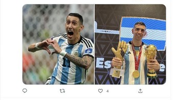 Netizen ramai memajang ucapan terima kasih kepada Emi Martinez dan Di Maria, dua namanya yang turut berjasa bagi Argentina di Piala Dunia 2022.  Foto: Twitter  