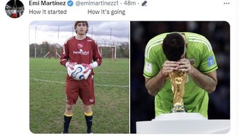Meraih trofi Piala Dunia sebuah impian besar Emi Martinez sejak awal kariernya. Foto: Twitter