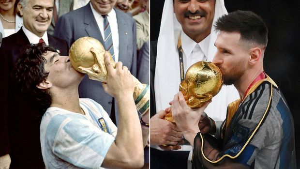 (COMBO) This combination of pictures created on December 18, 2022 shows  Argentina's captain Diego Armando Maradona (L) kissing the World Cup trophy won by his team after a 3-2 victory over West Germany on June 29, 1986 at the Azteca Stadium in Mexico City and Argentina's forward Lionel Messi (R) kissing the World Cup trophy after beating France during the Qatar 2022 World Cup final football match at Lusail Stadium in Lusail, north of Doha on December 18, 2022. (Photo by DOMINIQUE FAGET and Franck FIFE / AFP) (Photo by DOMINIQUE FAGET,FRANCK FIFE/AFP via Getty Images)