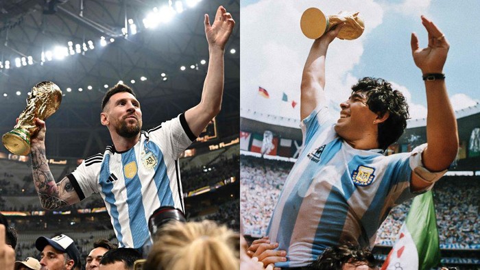 TOPSHOT - (COMBO) This combination of pictures created on December 18, 2022 shows Argentinas forward Lionel Messi (L) holding the World Cup trophy after beating France during the Qatar 2022 World Cup final football match at Lusail Stadium in Lusail, north of Doha on December 18, 2022 and Argentinas captain Diego Armando Maradona (R) holding the World Cup  trophy won by his team after a 3-2 victory over West Germany on June 29, 1986 at the Azteca Stadium in Mexico City. (Photo by Anne-Christine POUJOULAT / AFP) (Photo by ANNE-CHRISTINE POUJOULAT/AFP via Getty Images)