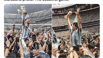 Adegan Lionel Messi diangkat ini mirip dengan Maradona kala dulu juga mengangkat Piala Dunia. Foto: Twitter