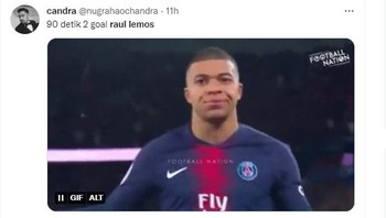 90 detik 2 gol diciptakan Raul Lemos. Foto: Twitter