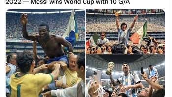 Messi kini sejajar atau bahkan melebihi prestasi Maradona dan Pele. Foto: Twitter