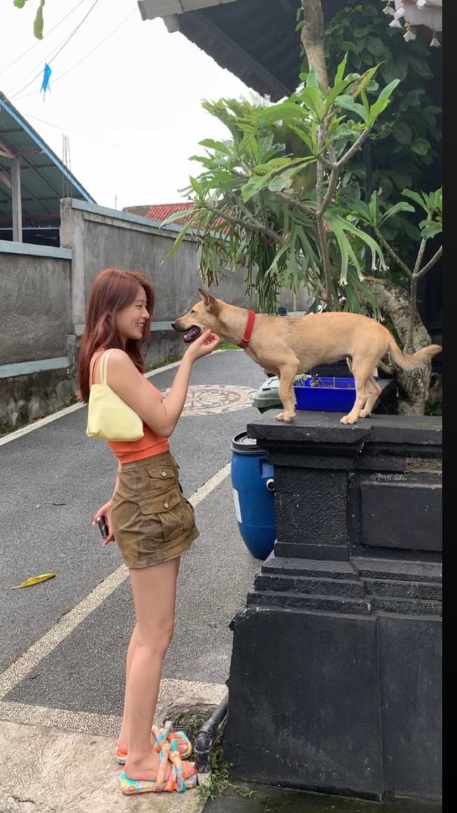 Sebagai pecinta anjing, Seolhyun AOA merasa gemas setelah bertemu seekor anjing ras Kintamani di jalanan Ubud. Foto: Instagram