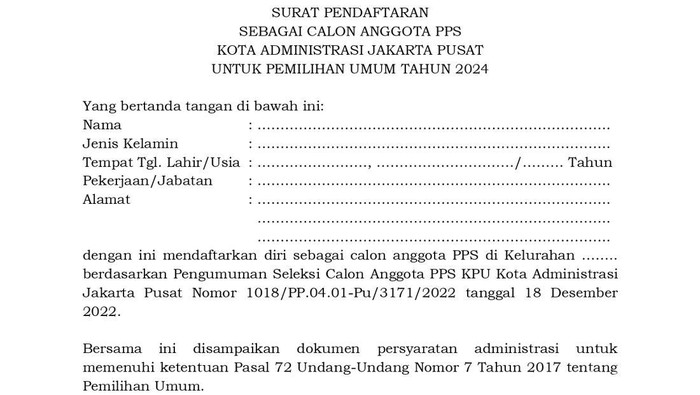 Contoh Surat Pendaftaran PPS Pemilu 2024