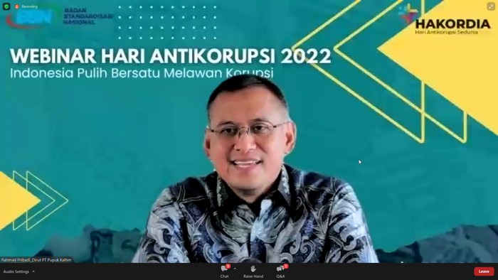 Direktur Utama Pupuk Kalimantan Timur (PKT) Rahmad Pribadi menegaskan komitmen PKT dalam menerapkan sistem tata kelola perusahaan yang mendukung budaya antikorupsi.