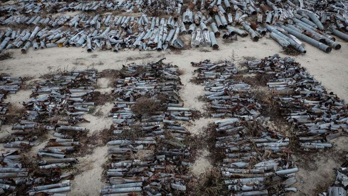 KHARKIV, UKRAINE - DECEMBER 18: More than a thousand missiles and rockets fired by Russian forces and collected by the Kharkiv prosecutors office to be included in future war crimes investigations are seen at a cataloguing depot on December 18, 2022 in Kharkiv, Ukraine. Kharkiv, Ukraine's second city, was left without power for hours on Friday after the latest attack by Russia on the region's energy infrastructure. The city's mayor said it suffered 