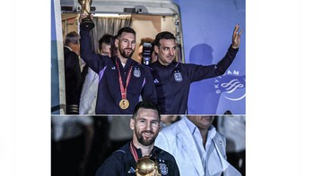 Ini saat Lionel Messi keluar dari pesawat yang membawa mereka kembali ke Argentina. Foto: Twitter