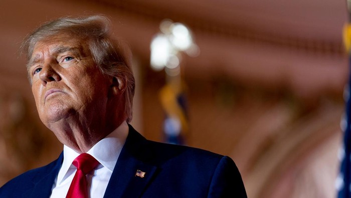 FILE - Former President Donald Trump announces he is running for president for the third time as he pauses while speaking at Mar-a-Lago in Palm Beach, Fla., Nov. 15, 2022. Ronna McDaniel, the former presidents hand-picked choice back in 2017 and the niece of Utah Sen. Mitt Romney, is running to lead the Republican National Committee for a fourth term. In an interview, McDaniel said she notified Trump of her intention to seek another term but did not explicitly ask for his support. (AP Photo/Andrew Harnik, File)