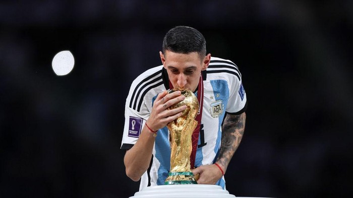 LUSAIL CITY, QATAR - DECEMBER 18: Angel Di Maria of Argentina celebrates scoring a goal to make it 2-0 during the FIFA World Cup Qatar 2022 Final match between Argentina (3) and France (3) (Argentina win 4-2 on penalties) at Lusail Stadium on December 18, 2022 in Lusail City, Qatar. (Photo by Simon Bruty/Anychance/Getty Images)