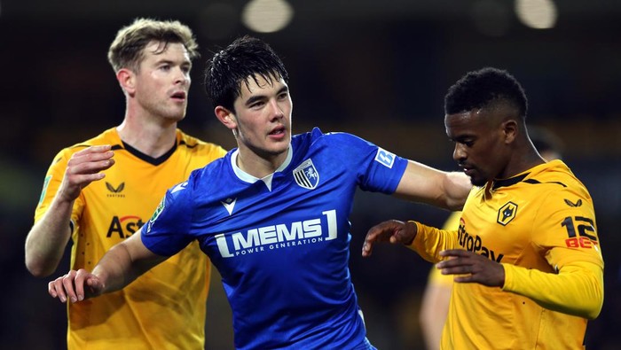 Gillinghams Elkan Baggott (centre) ahead of a corner kick during the Carabao Cup fourth round match at Molineux Stadium, Wolverhampton. Picture date: Tuesday December 20, 2022. (Photo by Barrington Coombs/PA Images via Getty Images)