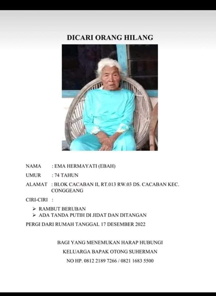 Ema Hermayati, lansia yang hilang di Sumedang.