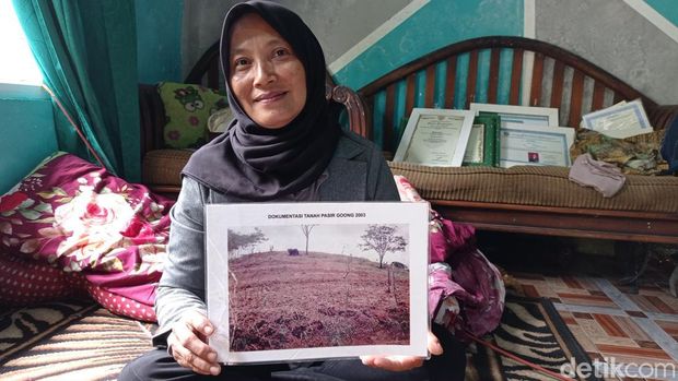 Eti Sulastri (46), warga Desa Pasirsalam, Kecamatan Mangunreja, Kabupaten Tasikmalaya, Jawa Barat, memuat gunung goong kembali hijau.