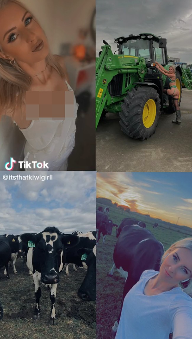 Wanita berambut pirang itu memang mendapat atensi dari netizen karena penampilannya. Meski bekerja di ladang dan tempat pemerahan susu sapi, ia tidak segan-segan tampil cantik dengan busana feminin dan makeup.Foto: TikTok itsthatkiwigirll