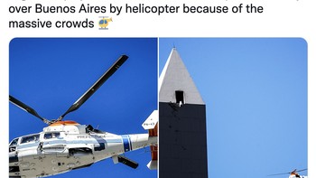 Saking banyaknya massa dan demi alasan keamanan, akhirnya para pemain Argentina diangkut dengan helikopter. Foto: Twitter