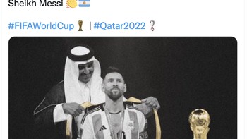 Jubah hitam Messi itu dipakai ksatria Arab setelah menang. Juga dipakai keluarga kerajaan. Raja Qatar menghormati Messi sebagai tanda respek, tulis akun ini. Foto: Twitter