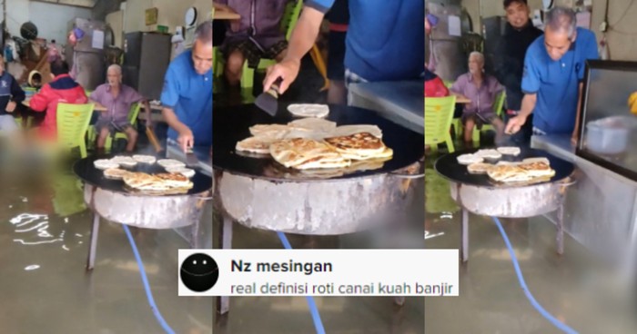 Santuy! Terendam Banjir, Pemilik Kedai Ini Malah Sibuk Bikin Pesanan Roti Canai