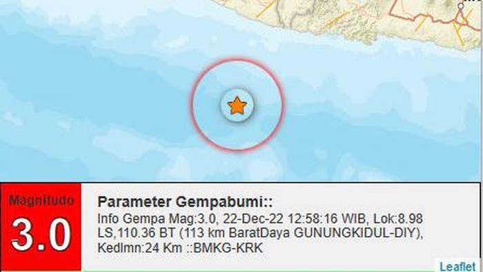 Gempa M 3 terjadi di perairan Gunungkidul, Kamis (22/12/2022).