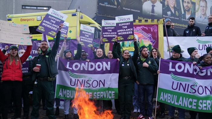 LONDON, ENGLAND - DECEMBER 21: Rows of ambulances outside the London Ambulance Service headquarters in Waterloo during a strike on December 21, 2022 in London, United Kingdom. Ambulance workers across Wales and England are striking today over pay and working conditions. This comes as the service is struggling with staffing shortages, staff retention and the highest sickness absence rates among all NHS organisations. The target time of 60-minute handovers from ambulance to A&E that NHS England stipulated in March 2022 has not been met and patients are increasingly being held in ambulances awaiting treatment. (Photo by Dan Kitwood/Getty Images)
