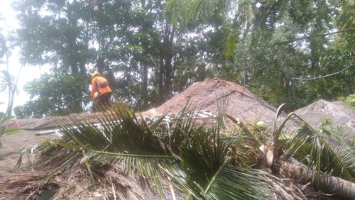 Petugas mengevakuasi pohon tumbang yang menimpa rumah warga hingga bangunan hotel di Karangasem, Bali, Kamis (22/12/2022).